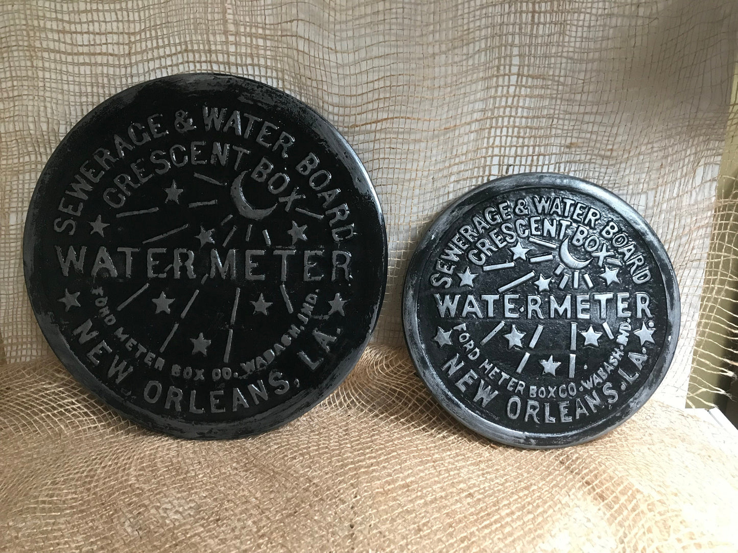Unique wall art, famed, vintage New Orleans water meter cover