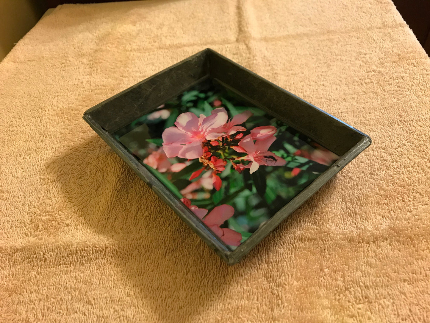 Vintage slate tray with photo applied to the base. Entire piece is sealed with a premium grade, high gloss epoxy for an amazing finish!