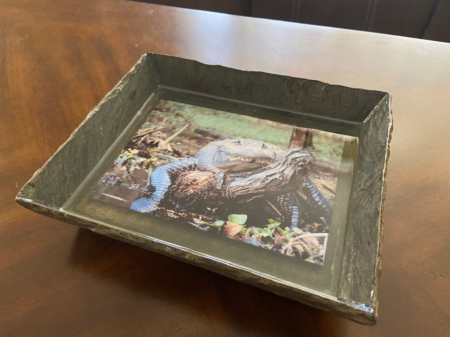 Vintage slate tray with photo applied to the base. Entire piece is sealed with a premium grade, high gloss epoxy for an amazing finish!